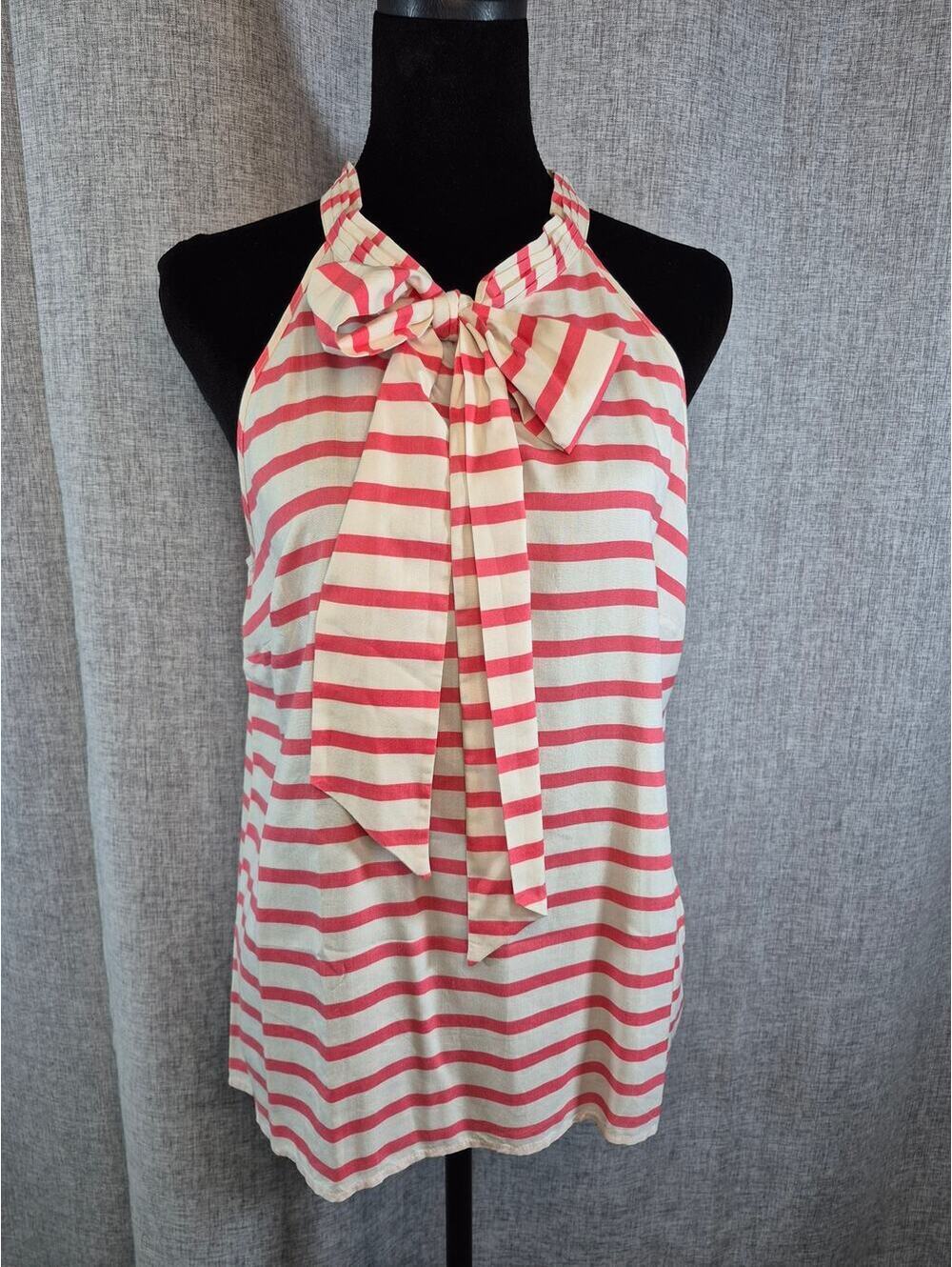J.Crew 100% Silk Pink Stripe Bow Tie Neck Sleeveless Blouse Top Size 10